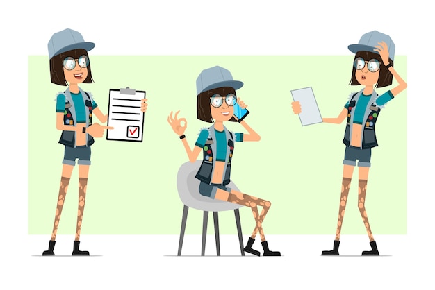 Vector cartoon flat hipster girl character in trucker cap, glasses and jeans shorts. girl talking on phone, showing to do list and holding note.