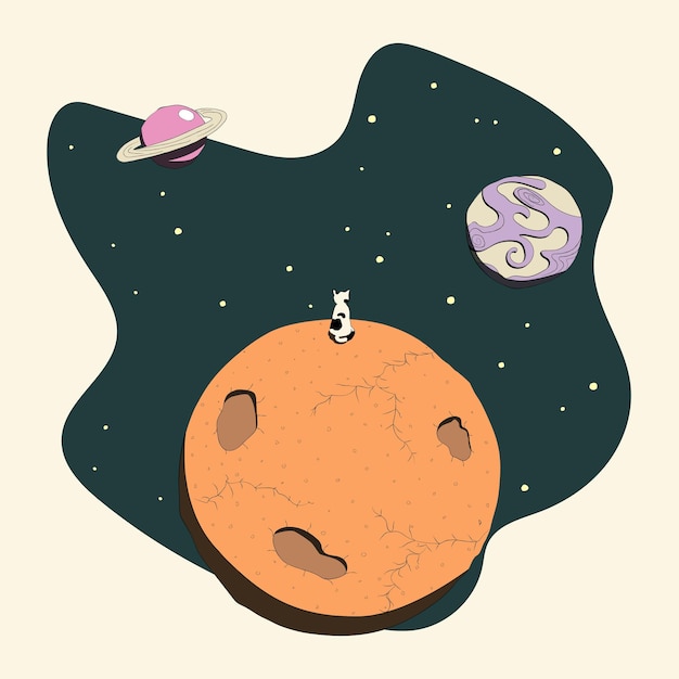 cartoon flat illustration, poster for a children's room, space, planets, a cat sitting on its back,