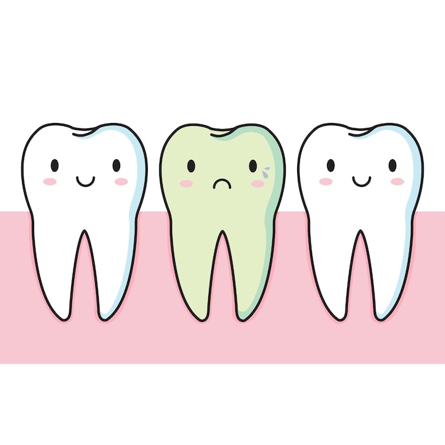 하얀 치아 미소와 충치와 우는 치아의 만화 평면 그림 귀여운 아기 카와이 치아 벡터 일러스트 레이 션