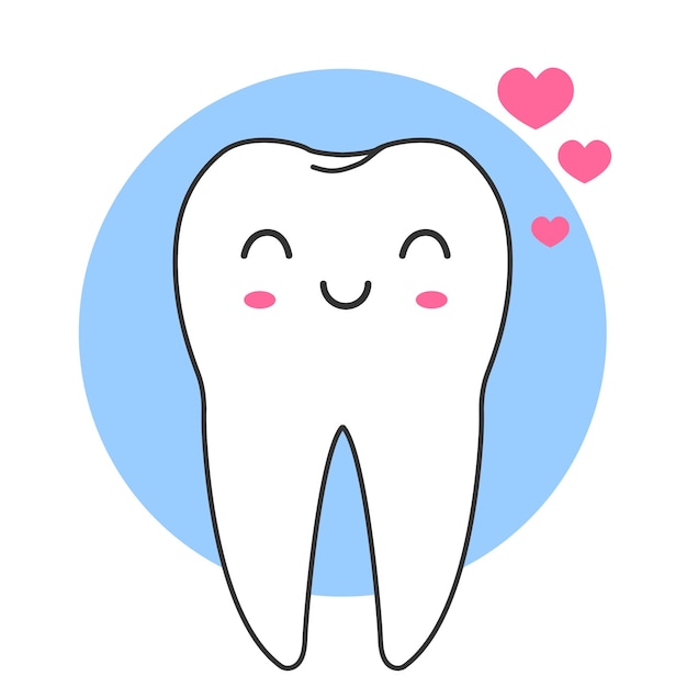 Cartoon flat illustration of smiling white tooth cute baby kawaii tooth vector illustration