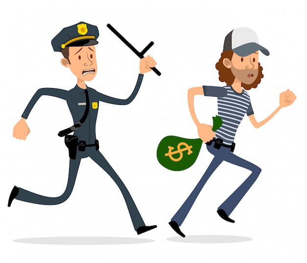 Cartoon flat policeman and thief characters