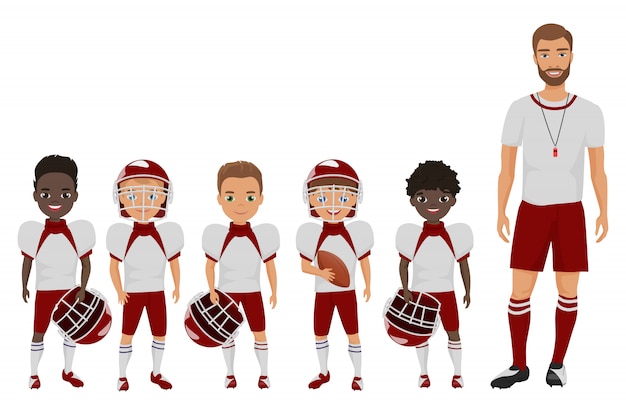 Команда мальчиков американского футбола плоской школы шаржа стоя с их тренером тренера.