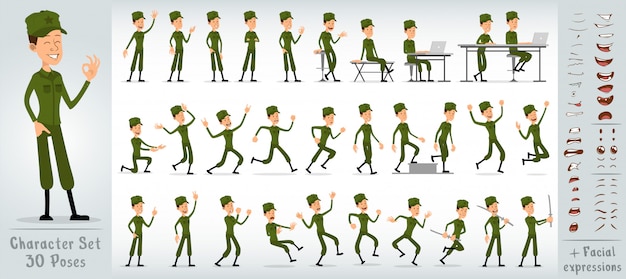 cartoon flat soldier boy character big vector set
