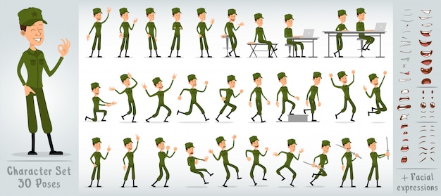 Vector cartoon flat soldier boy character big vector set