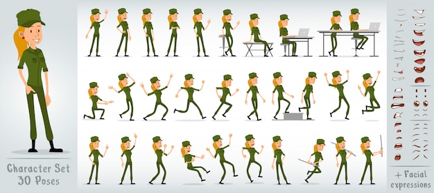 cartoon flat soldier girl character big vector set