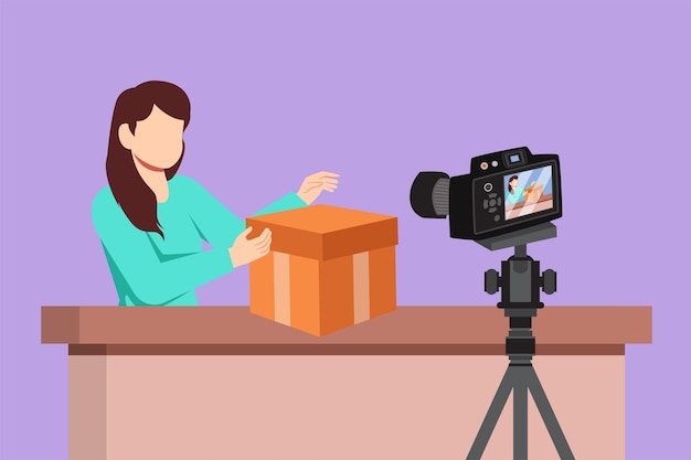 Cartoon flat stijl tekening van mooie vrouw show unboxing ontvangen pakket in live thuis mooie vrouw vlogger unboxing product en opname review op camera Grafisch ontwerp vector illustratie