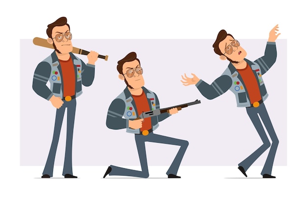 Vector cartoon flat strong disco man in sunglasses and jeans jacket. boy falling back, holding baseball bat and shotgun.