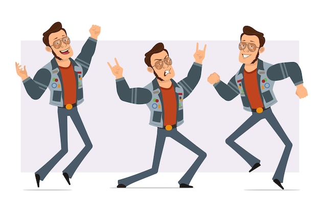선글라스와 청바지 재킷에 만화 플랫 강한 디스코 남자. 소년 점프, 춤 및 로큰롤 기호를 보여주는.