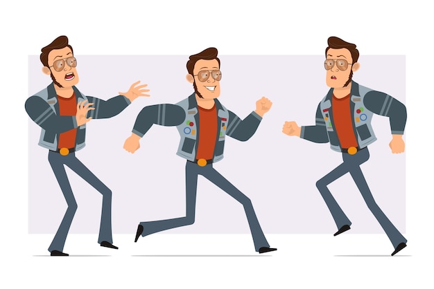 Cartoon flat strong disco man in sunglasses and jeans jacket. Boy scared, running forward and back.