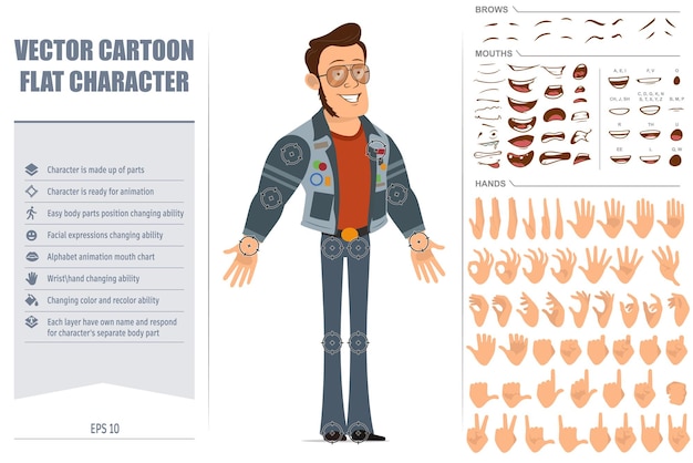 Vector cartoon flat strong disco man in sunglasses and jeans jacket. face expressions, eyes, brows, mouth and hands.