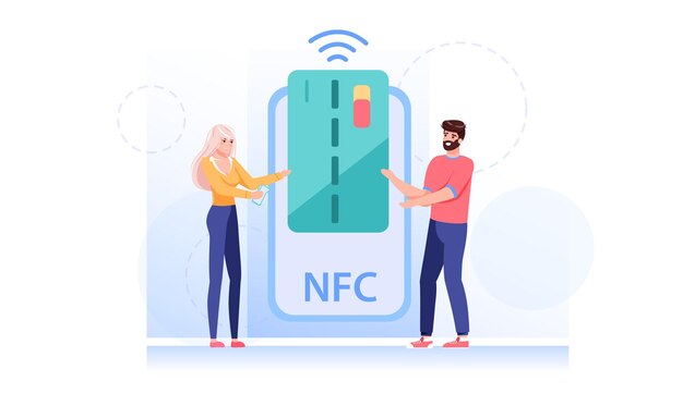 만화 플랫 스타일의 캐릭터가 Nfc 비접촉 결제 일러스트레이션을 만듭니다.