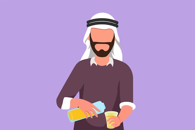 ベクトル 自宅で朝食をとりながらボトルからグラスにオレンジジュースを注ぐアクティブなアラブ人を描く漫画フラットスタイル健康な男性は夏の季節に喉が渇いているグラフィックデザインベクトルイラスト
