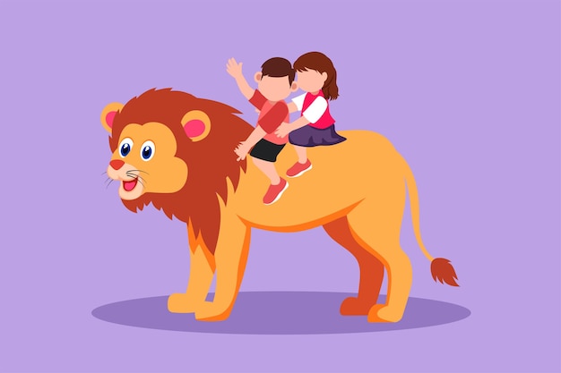 Cartoon flat style drawing adorable little boy and girl riding lion together Children sitting on back big lion at circus event Kids learning to ride beast animal Graphic design vector illustration