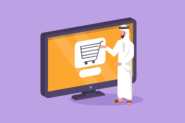 Cartoon flat style drawing Arab man standing and buying online via giant computer screen with shopping cart inside Digital lifestyle business consumerism concept Graphic design vector illustration