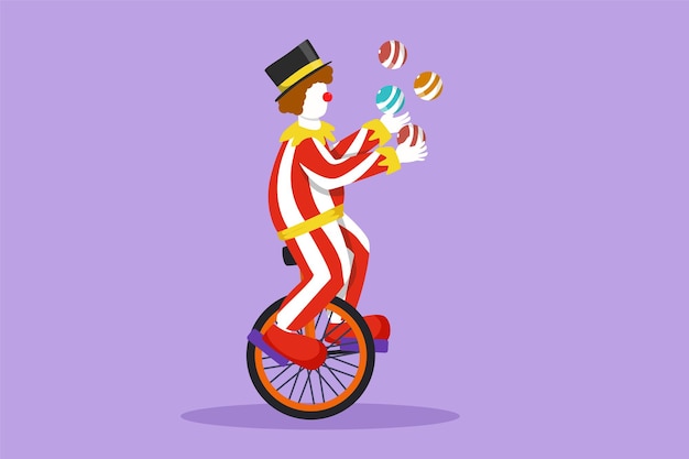 Cartoon flat style drawing attractive male clown juggling on a bicycle The playing clown was very funny and entertained the audience Circus show event performance Graphic design vector illustration