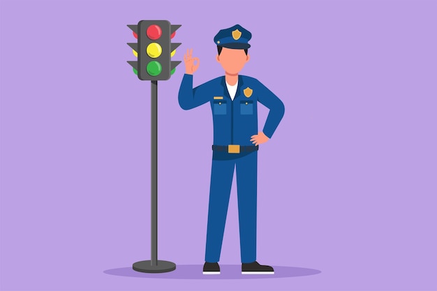 Cartoon flat style drawing of attractive policeman standing near traffic light in full uniform with gesture okay working to control vehicle traffic on the highway Graphic design vector illustration