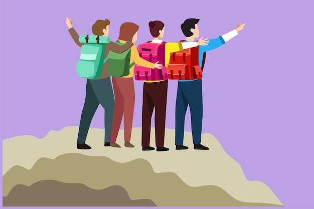 Vector cartoon flat style drawing back view of friend group hikers hugging together for successful reaching top of mountain success business achievement goal concept graphic design vector illustration