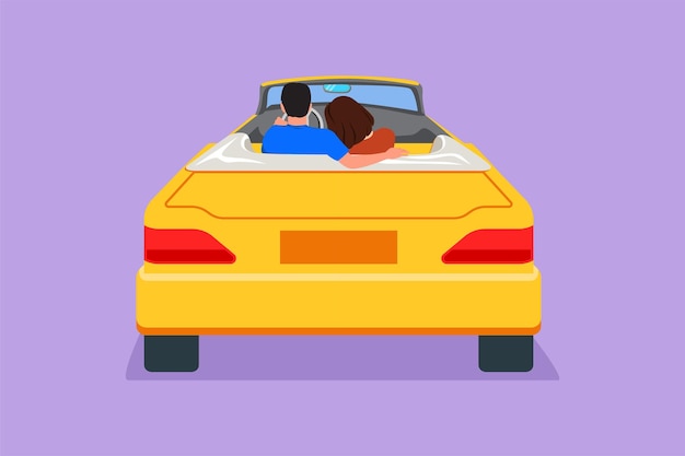 Cartoon flat style drawing back view loving couple sitting and hugging in convertible car Happy man woman getting ready for wedding Engagement and love relations Graphic design vector illustration