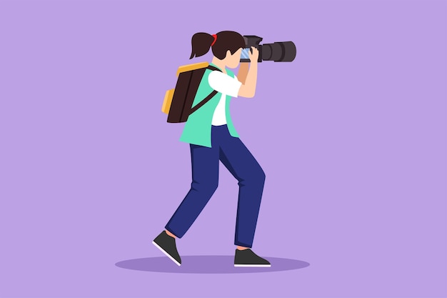 Cartoon flat style drawing beautiful female photographer standing and taking photo using camera tourist with backpack Woman photographer with her telephoto lens Graphic design vector illustration