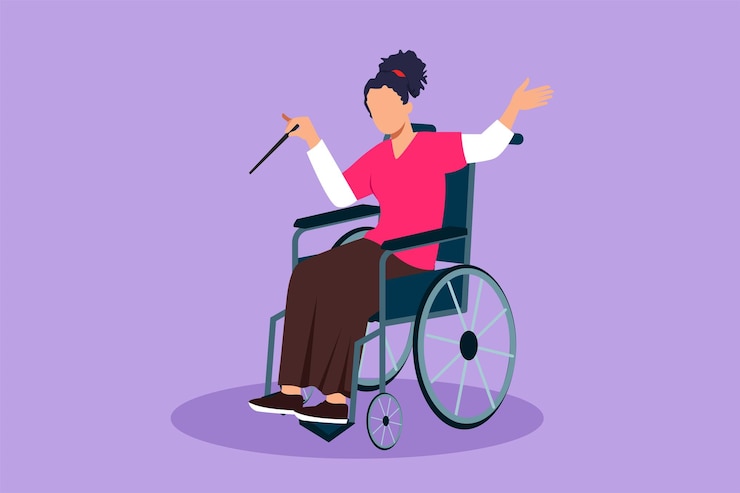 Vector cartoon flat style drawing beautiful woman conductor sitting in wheelchair leading orchestra disability people play classical music rehabilitation center patient graphic design vector illustration