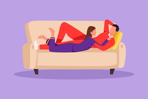 Vector cartoon flat style drawing beautiful woman and man in love lying and talking on comfortable couch romantic couple on cozy sofa relaxing together at home in evening graphic design vector illustration