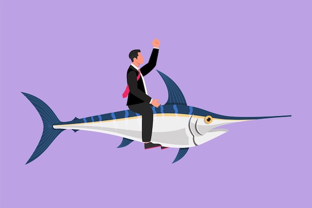 Cartoon flat style drawing of brave businessman riding huge dangerous marlin fish Professional entrepreneur character fight with beast predator Business metaphor Graphic design vector illustration