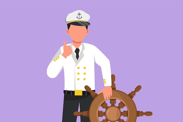 Cartoon flat style drawing bravery sailor man with thumbs up gesture ready to sail across seas in ship that is headed by captain male sailor traveling across ocean graphic design vector illustration