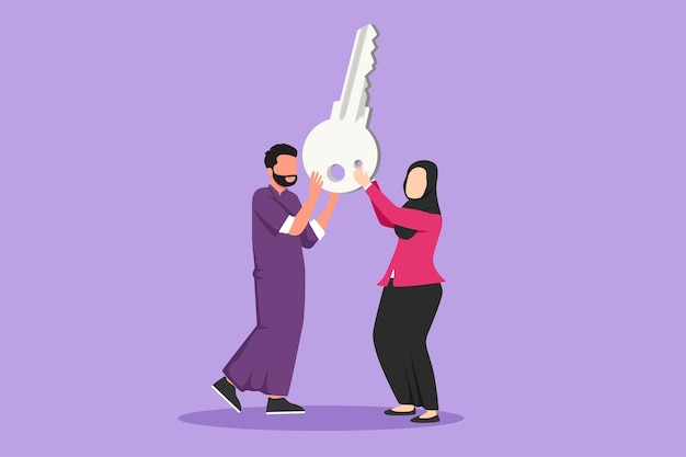 Cartoon flat style drawing businessman businesswoman lift up big key symbol of success Arabian male and female hold together key Partnership can lead to success Graphic design vector illustration