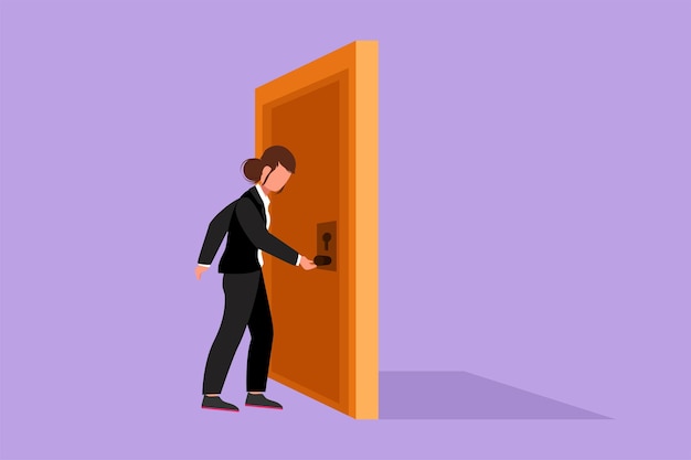 Cartoon flat style drawing businesswoman holding a door knob Entering working room in office building Female holding door knob to open door and enter work space Graphic design vector illustration