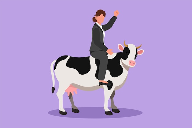 Vector cartoon flat style drawing of businesswoman riding cow symbol of success business metaphor looking at the goal achievement leadership professional entrepreneur graphic design vector illustration