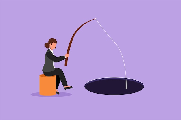 Cartoon flat style drawing of businesswoman sitting and holding fishing rod from hole Manager fishing with rod Business investment metaphor Make money from idea Graphic design vector illustration