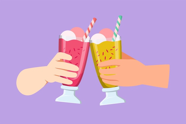 Cartoon flat style drawing closeup cropped view of people clinking with glasses of milkshake Young romantic couple toasting with glass and drink sweet milkshake Graphic design vector illustration