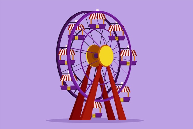 Vector cartoon flat style drawing of colorful ferris wheel in an amusement park a large circular circle high in the sky interesting recreational rides for happy families graphic design vector illustration