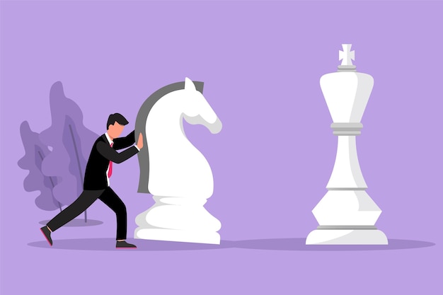 Cartoon flat style drawing competitive businessman push huge knight chess piece to beat king Business strategy marketing plan Strategic move in business concept Graphic design vector illustration