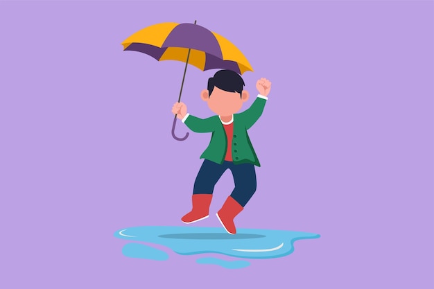 Cartoon flat style drawing cute little boy play wear raincoat and umbrella Child playing in rain Kids in raincoat and rubber boots plays in rain puddle splashing Graphic design vector illustration