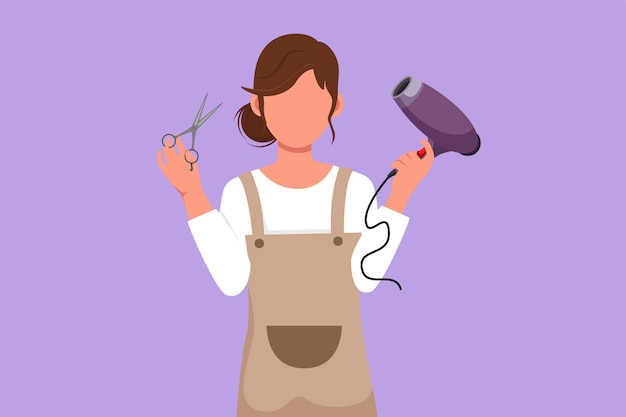 ヘアドライヤーとハサミでクライアントにサービスを提供する準備ができているかわいい若い女性理髪師を描く漫画フラット スタイル ヘアスタイリストまたはヘア スタイル美容コンセプト成功ビジネス グラフィック デザイン ベクトル図