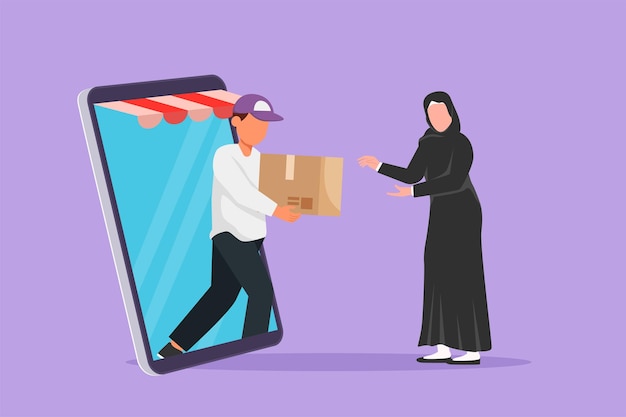 Cartoon flat style drawing delivery box car comes out from giant smartphone screen Male courier gives package box to Arabian man customer Online store transport Graphic design vector illustration