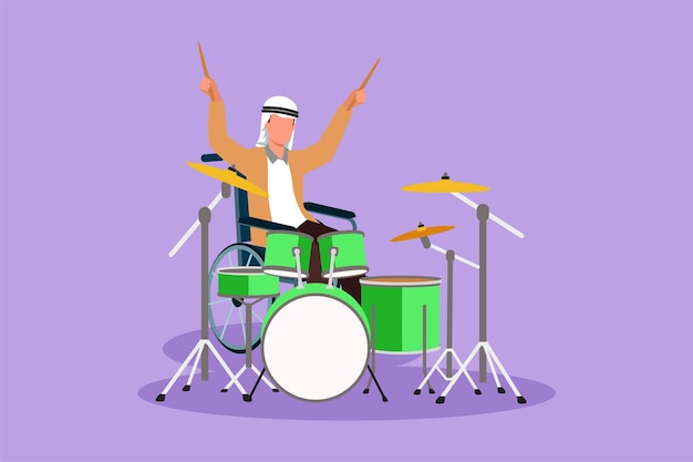 Cartoon flat style drawing disabled Arabian man in wheelchair playing drum in musical event Physically disabled Person in hospital Rehabilitation center patient Graphic design vector illustration