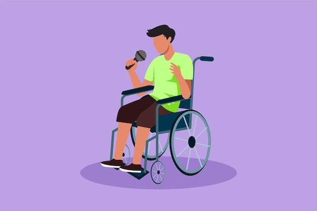 Vector cartoon flat style drawing disabled person enjoying life handsome man sitting in wheelchair singing at musical performance event spend time in recreational place graphic design vector illustration