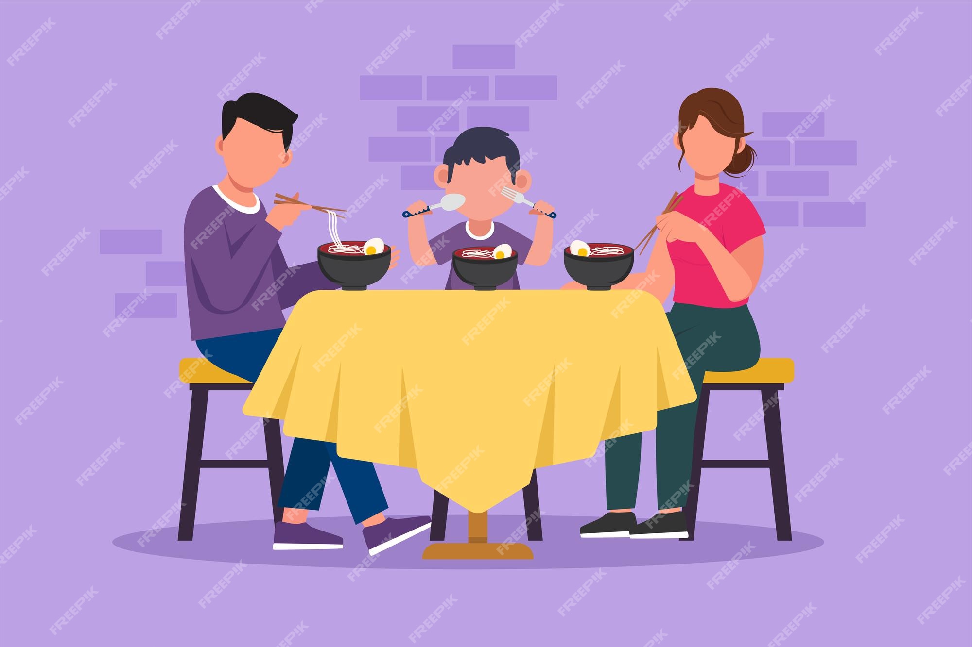Premium Vector | Cartoon flat style drawing father mother and little son  character eating noodle at dining room happy family having dinner with  delicious ramen tasty japanese food graphic design vector illustration