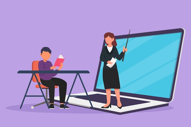 Vector cartoon flat style drawing of female teacher standing in front of laptop screen holding book and teaching male junior high school student sitting on chair near desk graphic design vector illustration