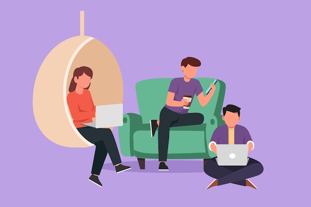 Cartoon flat style drawing group of people with laptop computer at home Man on couch male sit on floor woman sitting on swing chair typing or studying together Graphic design vector illustration