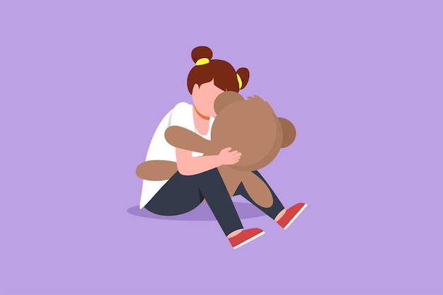 Cartoon flat style drawing happy beautiful little girl hugging big teddy bear sitting on floor at home adorable kid doll toys little girl playing with teddy bear graphic design vector illustration