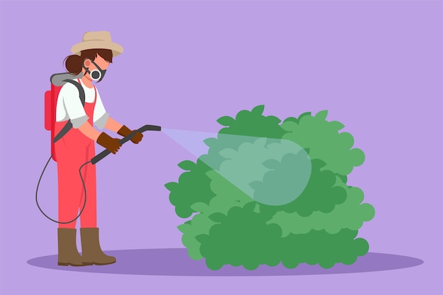 cartoon flat style drawing happy female farmer wearing masks and carrying equipment to spray crops with disinfectant spray keep plants from pests and stay healthy graphic design vector illustration