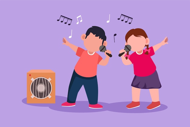 Vettore cartone animato stile piatto disegno felice ragazzino e ragazza cantare canzone al festival scolastico bambini felici con buone prestazioni sul palco bel canto melodico dei bambini illustrazione vettoriale di progettazione grafica