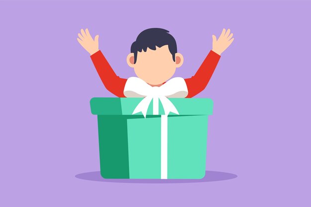 Cartoon flat style drawing of happy little boy holding big ribbon bow wrapped gift box in front of his in arms Cheerful child accept birthday gift from his parent Graphic design vector illustration