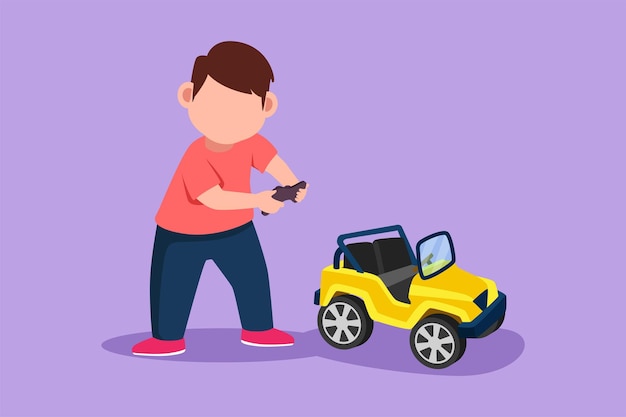 Vector cartoon flat style drawing happy little boy playing with remote controlled off road car cheerful kids playing with electronic toy car with remote control in hands graphic design vector illustration