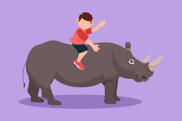 Vector cartoon flat style drawing of happy little boy riding rhino rhinoceros cheerful children sitting on back rhinoceros in zoo brave kids learning to ride rhinoceros graphic design vector illustration