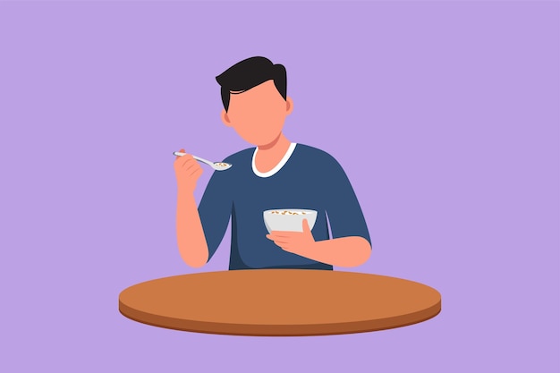 Cartoon flat style drawing happy man having breakfast with cereal and milk Young male sitting at table and eat with delicious dish Healthy nutrition food concept Graphic design vector illustration