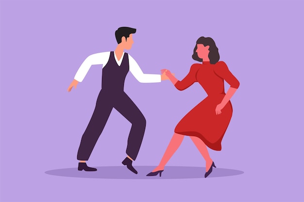 Cartoon flat style drawing happy people dancing salsa Young man and woman in dance Pair of dancer with waltz tango and salsa style moves Couple dancing together Graphic design vector illustration